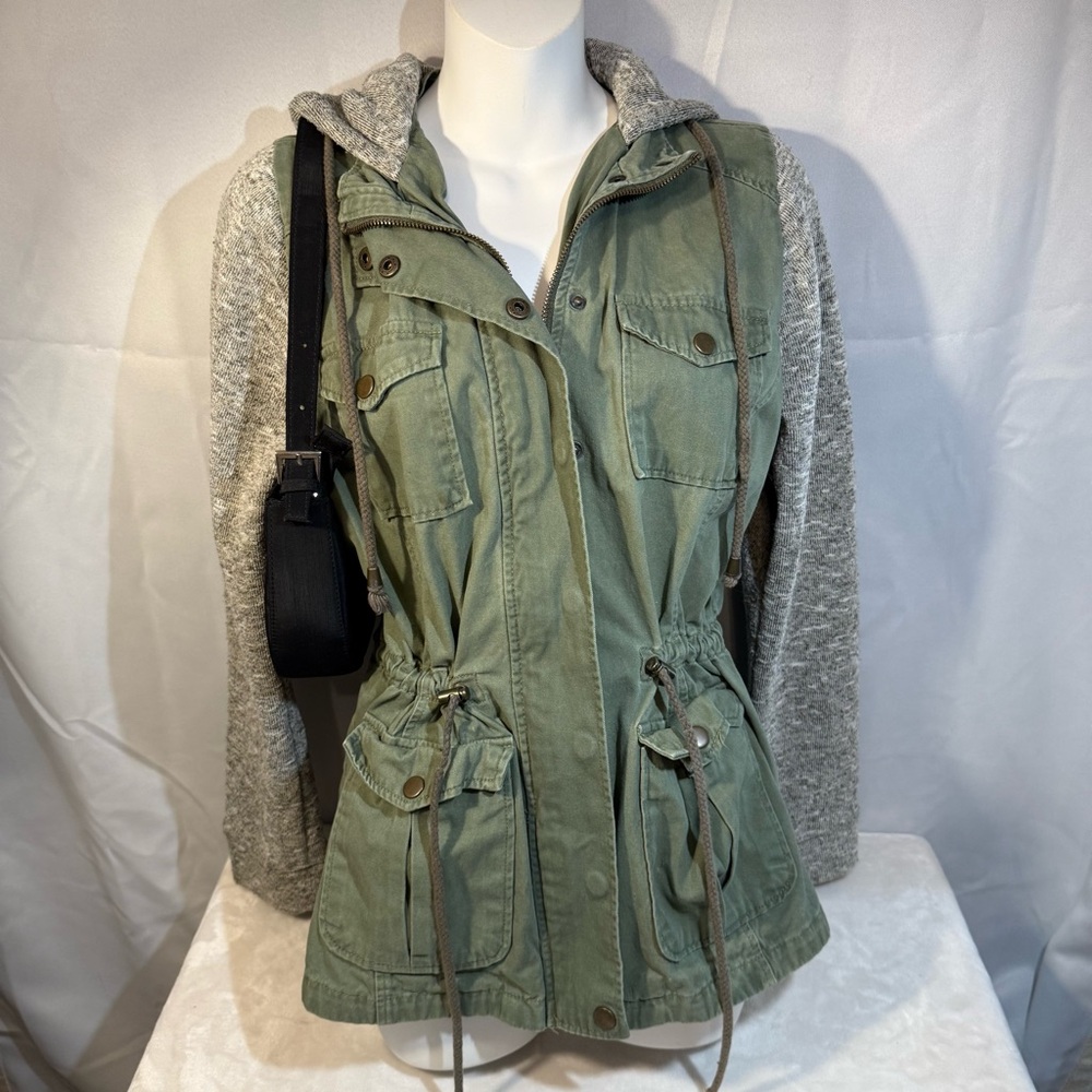 Forever Flower Olive Utility Jacket Knit Sleeves Hooded | L